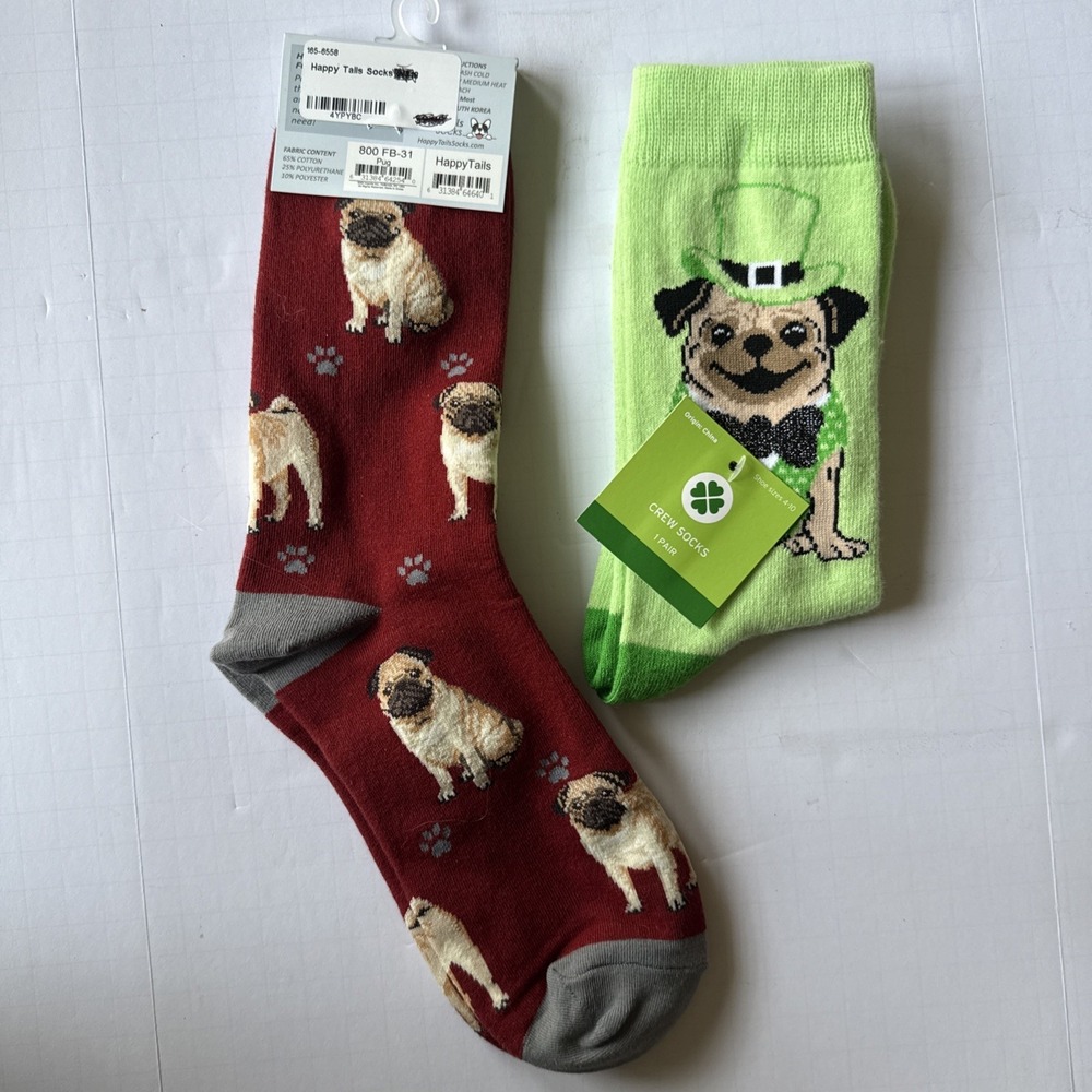 2 Women's One Size Most Pug Socks Happy Tails & St. Patrick Design Red‎ Green